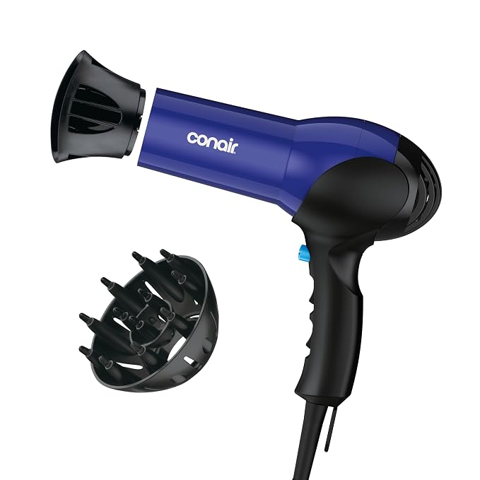 Conair Lightweight Hair Dryer, 1875W, Diffuser & Concentrator Attachments | Ionic blow dryer with adjustable