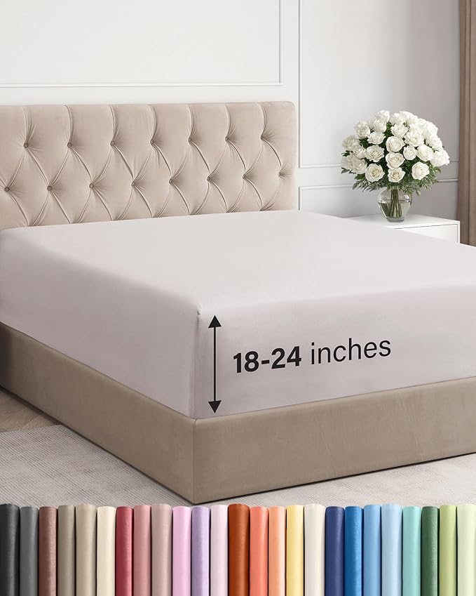 Extra Deep Queen Fitted Sheet - Hotel Luxury Single Fitted Sheet Only - Easily Fits 18 inch to 24 inch
