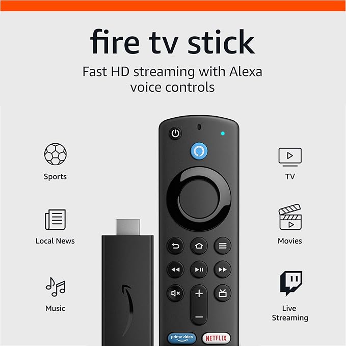 Amazon Fire TV Stick, sharp picture quality, fast streaming, free & live TV, Alexa Voice Remote with TV