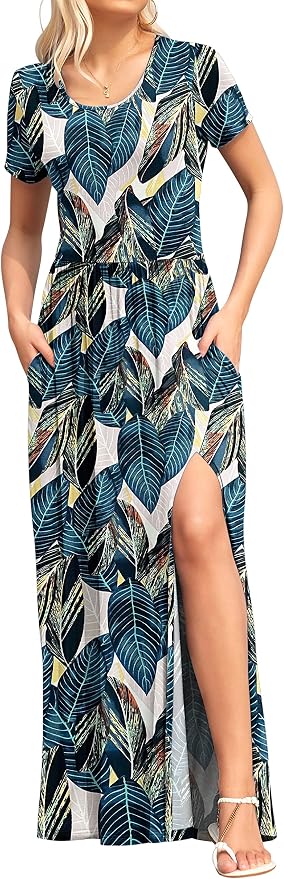 AUSELILY Women Maxi Dress 2025 Summer Short Sleeve Side Split Casual Long Dresses with Pockets